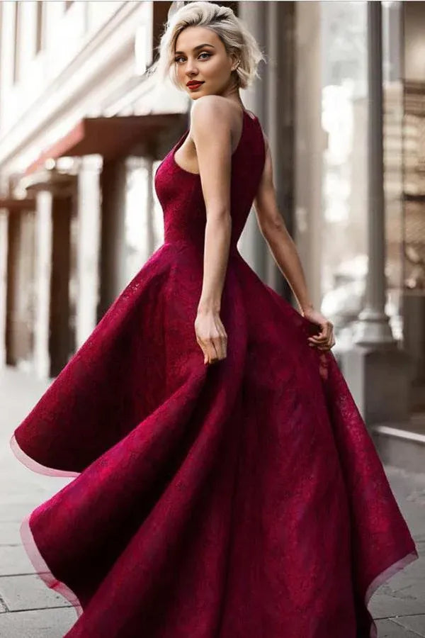 Prom Dresses Stores Charming Burgundy A Line Asymmetrical Lace Sleeveless Long Prom Dress Formal Women's Dresses